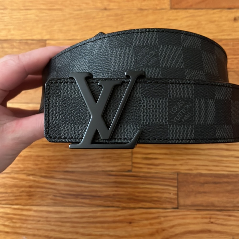 Louis Vuitton black gray checked belt with black LV buckle 34 85